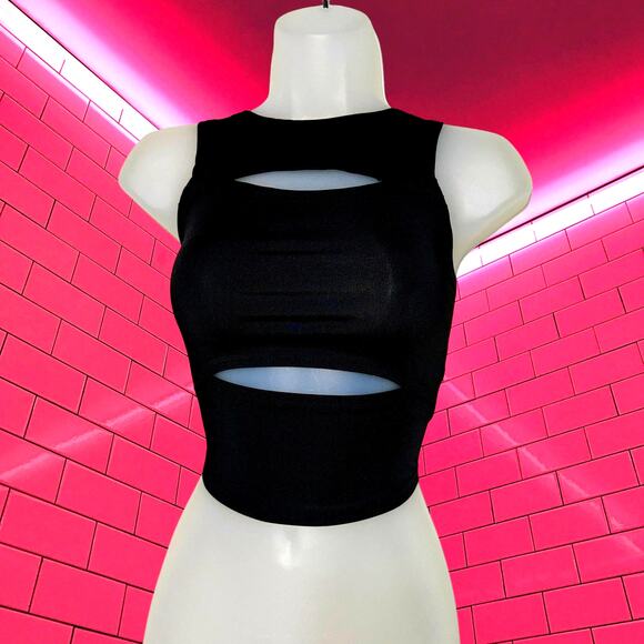 New Small Black Sleeveless Keyhole Open Tank Top Blouse Crop‎ Slash Cut Basic - Picture 1 of 3